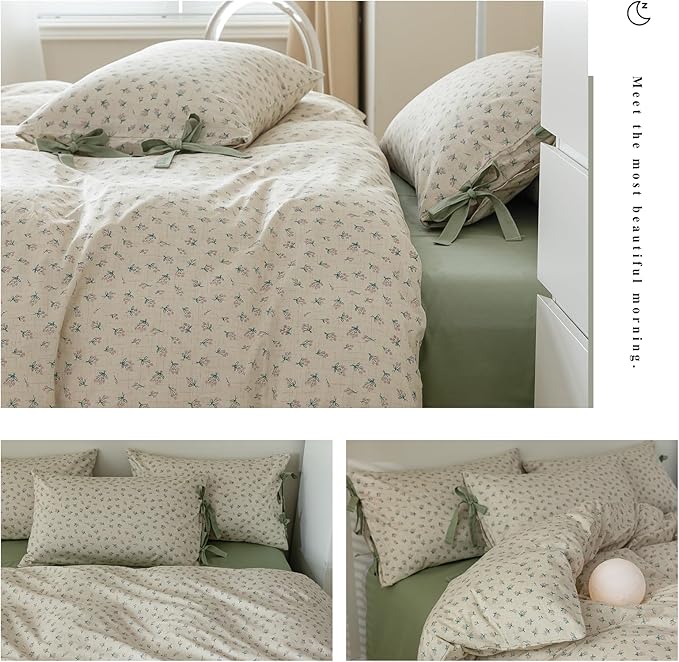 HighBuy Girl Duvet Cover Twin Floral Bedding Boho Soft Cotton Coquette Bedding Comforter Cover Twin with 2 Bowknot Bow Tie Pillowcases,Vintage 3 Pieces Cute Flowers Bedding Set Ultra Soft