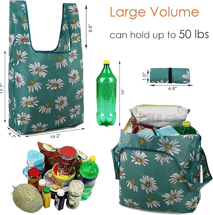 BeeGreen Large Flower Tote Bag - 12 Pack Heavy Duty Reusable Grocery Bags and Foldable Shopping Bags for Groceries, Cute Travel Reusable Gifts,Lightweight Washable Cloth Bag With Handles for Women