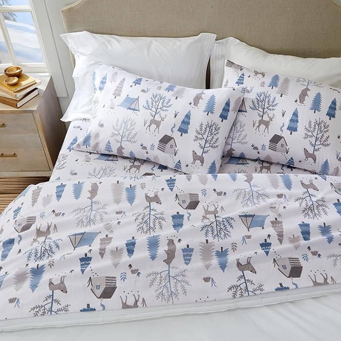 Market & Place 100% Turkish Cotton Flannel Sheet Set | 4 Piece Deep Pocket Novelty Cozy Winter Bed Sheets | Double Brushed for Extra Softness & Comfort | Alpine Collection (Queen, Winter Wildlife)