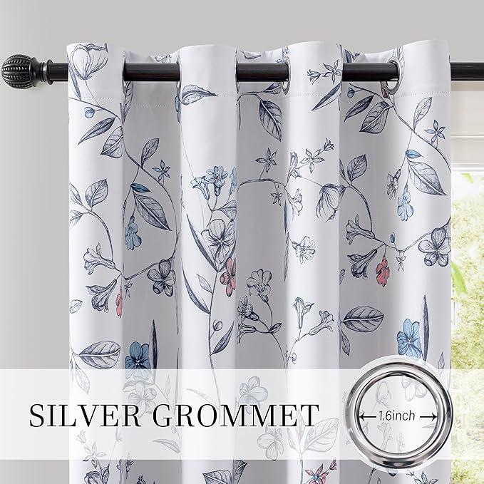 ChrisDowa 100% Blackout Floral Curtains 63 Inches Long 2 Panels for Bedroom Living Room Navy Blue Flower Patterned Room Darkening Thermal Insulated Soundproof Grommet Window Treatments Drapes,52X63