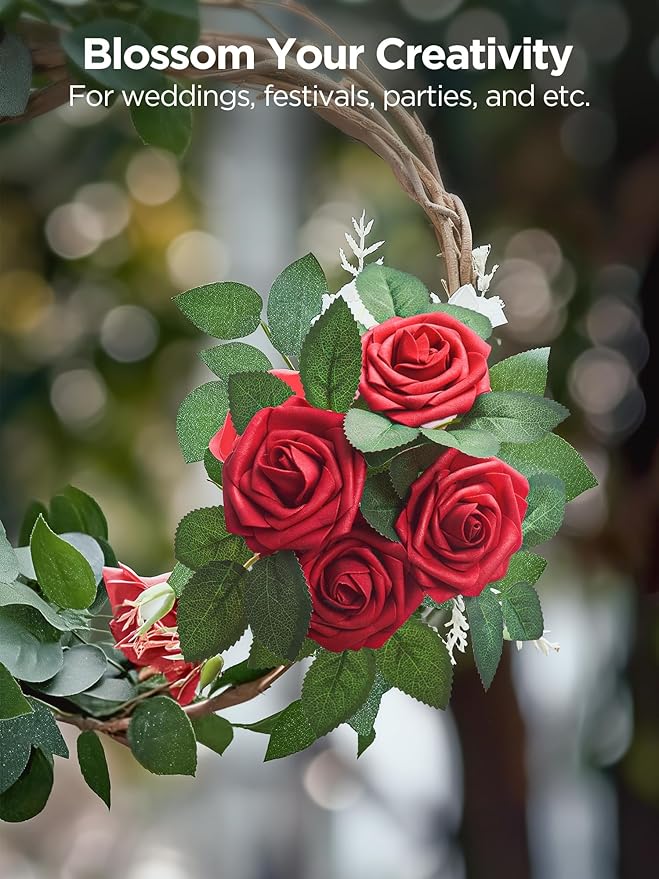 InnoGear Artificial Flowers, 50 Pcs Dark Red Foam Fake Roses Bulk with Stems for Decoration Celebration DIY Wedding Bouquets Centerpieces Bridal Shower Party Christmas Tree