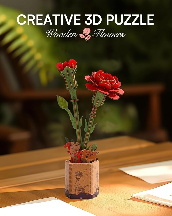 3D Flower Wooden Puzzles for Adults-Red Carnation, DIY Wooden Flowers Model Kit Building Set Crafts for Adults to Build, Botanical Collection/Ideal Creative Gift Ideas/Housewarming (124PCS)