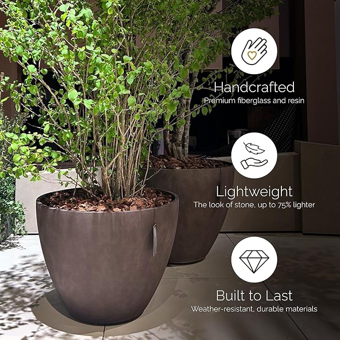 Lupo Tapered Planter – Grey Stone Finish – Fiberglass Indoor/Outdoor and Weather-Resistant Large Planter (37.4" D x 28.3" H Exterior, 35.8" D x 27.8" H Interior)