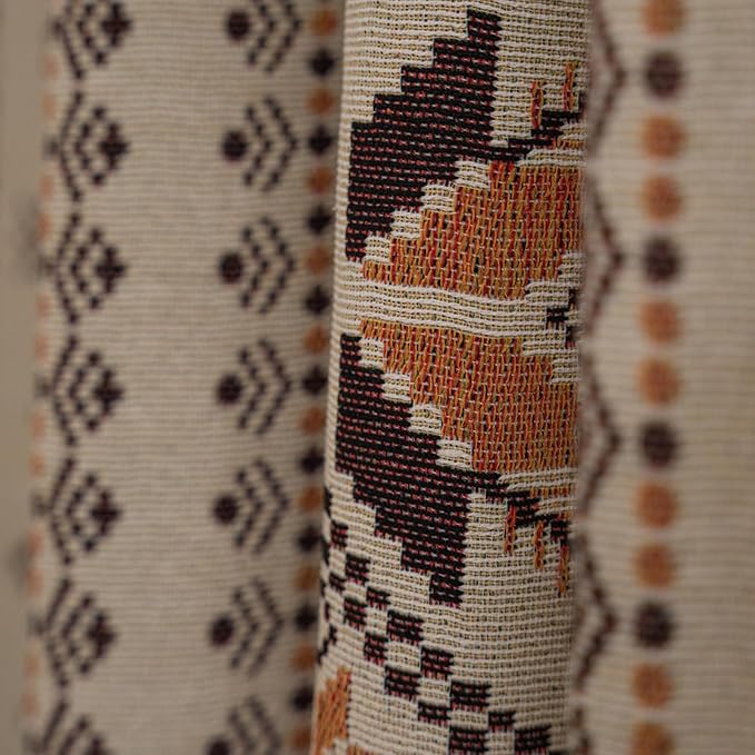 Boho Curtains 96 Inch Length 2 Panels Geometric Patterned Drapes Bohemian Semi Sheer Rod Pocket Tassel Window Curtain Panels for Bedroom Living Room Farmhouse Coffee Brown Vintage Rustic Curtains