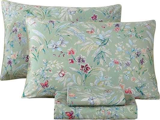 RYNGHIPY Shabby Flowers Print Bed Sheet Collections Egyptian Cotton Garden Floral Sheets (Green Floral,Full Size)