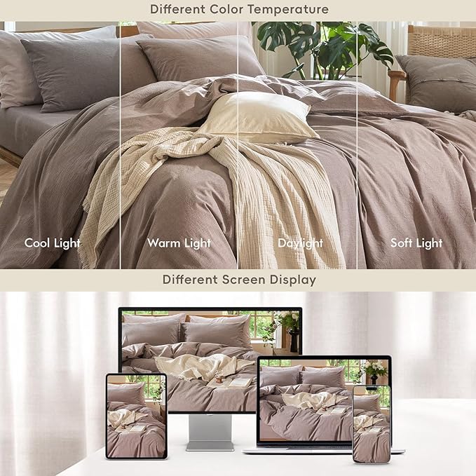 MooMee Bedding Duvet Cover Set 100% Washed Cotton Linen Like Textured Breathable Durable Soft Comfy (Heathered Mauve Brown, Alaska King 132"x120")