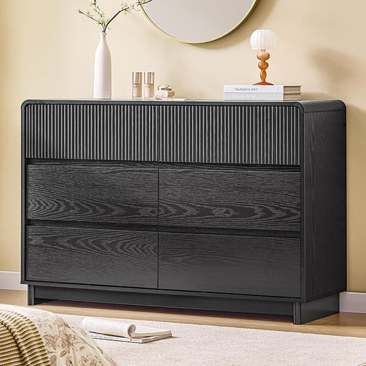 AOGLLATI Modern 6 Drawer Dresser for Bedroom, 47" Wide Fluted Double Black Dressers & Chests of Drawers with Curved Profile Design for Bedroom,Black