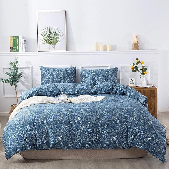 VM VOUGEMARKET Blue Floral Comforter Set Twin XL 3 Pcs Vintage Flower Botanical Pattern Comforter Set, All Season Soft & Lightweight Comforter for Teen Girls 68"x90"
