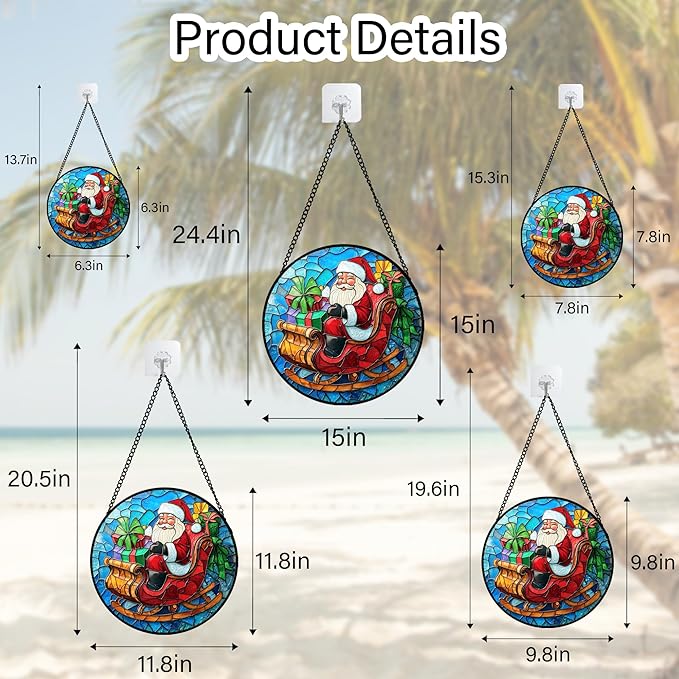 Stained Glass Window Hanging - Red Santa Claus Gift Box Suncatcher for Doors Home Christmas Decoration Winter Sun Catcher Thanksgiving New Year Birthday Gift for Women Men Mom Nana 15 in