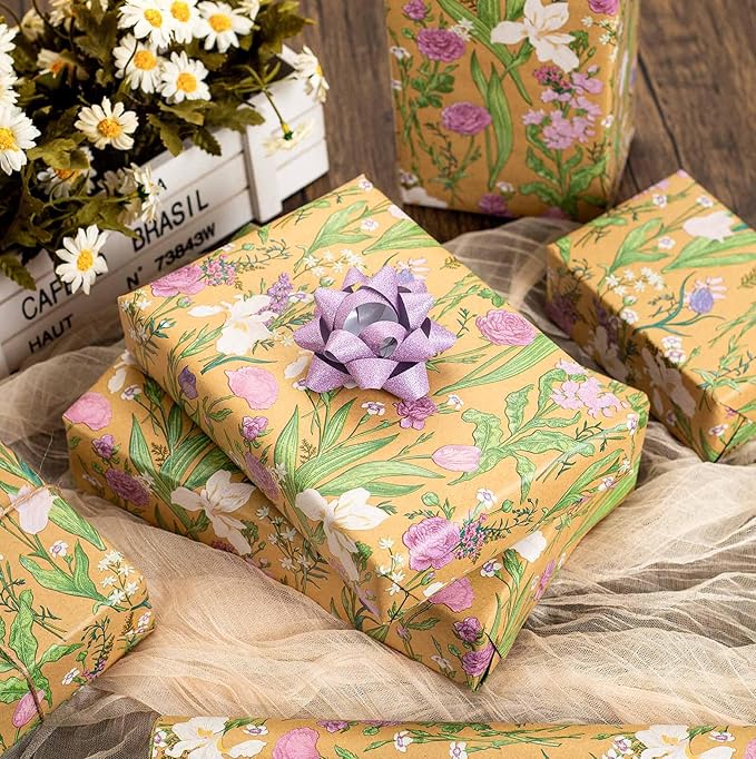 MAYPLUSS Kraft Floral Wrapping Paper Roll - 17Inch x 33Feet - Colorful Watercolor Boho Forest and Garden Flower Gift Wrap Green Wedding Gift Wrap for Birthday, Mothers Day, Bridal Shower, Engagement