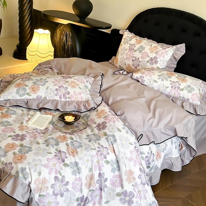 HighBuy Purple Floral Duvet Cover Twin XL Ruffle Lace Design,Premium Brushed Cotton Coquette Rose Floral Comforter Cover Set for College,Farmhouse Bedding Set with 2 Pillowcases