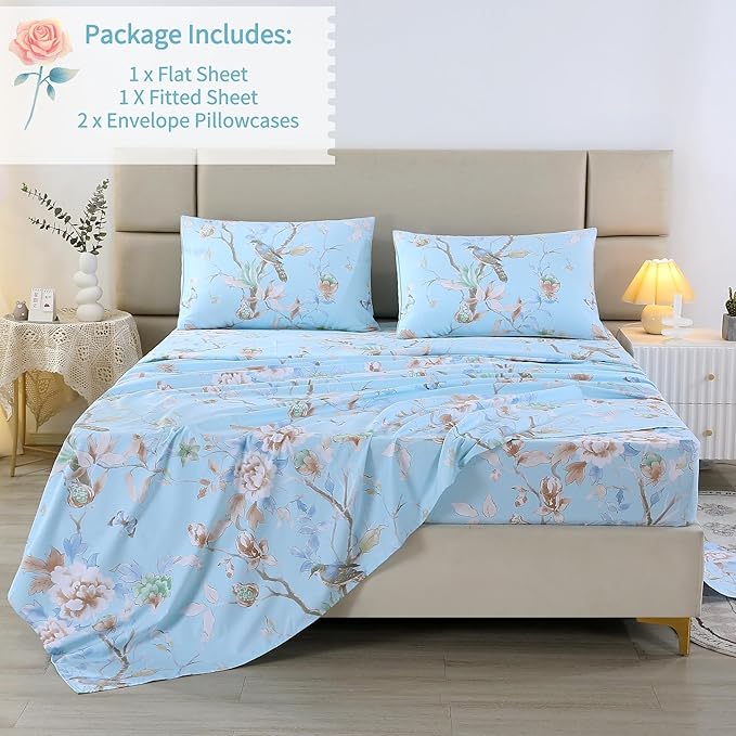 RYNGHIPY Egyptian Cotton Bed Sheet Set Blue Bird Botanical Pattern Bed Sheets Deep Pocket Fitted Sheet Tree Branches Print Bedding Soft Breathable (Light Blue,King Size)