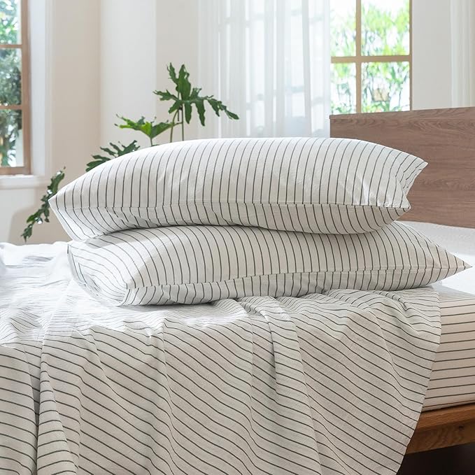 MooMee Striped Duvet Cover Set 100% Washed Cotton Linen Like Textured Breathable Durable Soft Comfy (White Heathered Green Wide Stripes, Queen 90"x90")