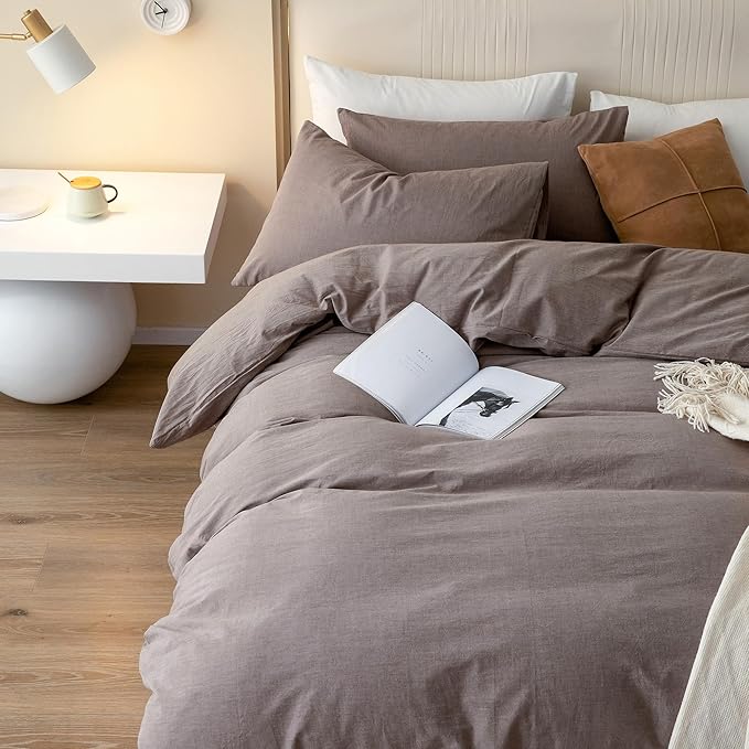 JIYUAN 100% Washed Cotton Duvet Cover Set 3 Pieces Cal King, 1 Duvet Cover 104x98 Inches(Comforter Not Included) and 2 Pillowcases,Linen Feel Bedding Set Comfy and Breathable, Heathered Mauve Brown