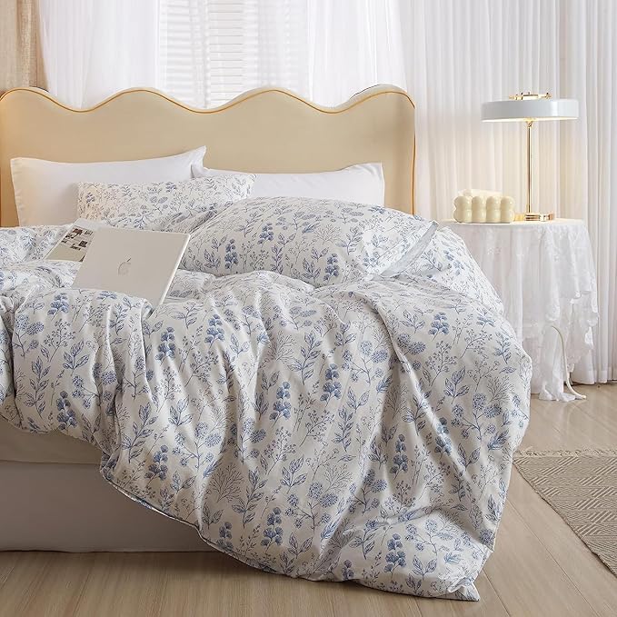 Cotton Floral Duvet Cover Full White Blue Floral Print Full Bedding Sets Vintage Boho Flower Comforter Cover Aesthetic Bedding Botanical Duvet Cover Cottagecore Comforter Cover with Zipper Closure