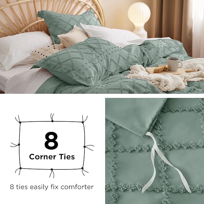 Bedsure Boho Duvet Cover King Size - Green Breathable & Soft Boho Bedding, Machine Washable Comforter Cover for All Seasons, Includes 1 Duvet Cover 104"x90" with 2 Pillow Shams & Zipper Closure