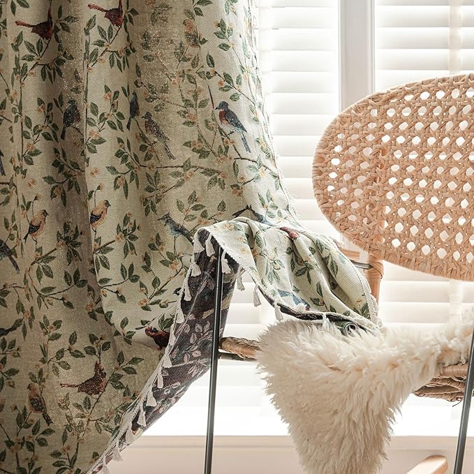 ENJOYBRIDAL Floral 96 Inch Curtains for Bedroom Jacquard Drapes Bird Patterned Semi Sheer Boho Long Window Curtains Living Room 2 Panels Farmhouse Rod Pocket Light Filtering Decor Window Treatments