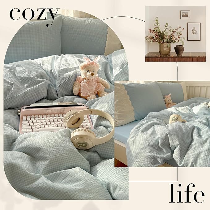 LifeTB Twin XL Comforter Set Blue Gingham Comforter with 2 Pillowcases Princess Lace Style Blue Plaid Grid Comforter Lightweight Soft Gingham Bedding Vintage Plaid Checkered Comforter Set Twin XL
