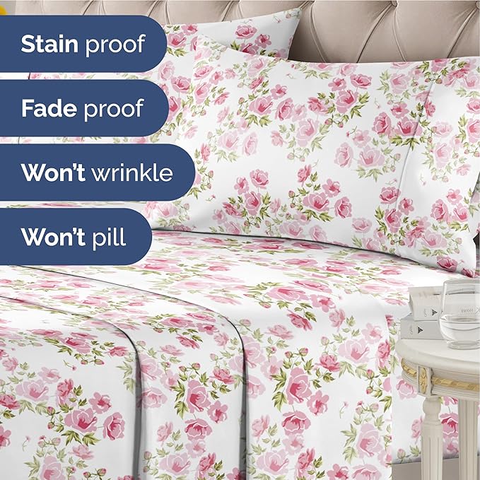 Floral Sheets - Pink Floral Bed Sheet Set - 1 Flat, 1 Fitted & 1 Pillowcase w/ Deep Pockets - Comfy, Wrinkle & Fade Free - Boho Botanical Bedding - Ultra-Soft, Breathable & Cooling - Twin XL Size Set
