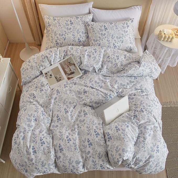 EAVD Vintage Style Garden Blue Floral Cotton Duvet Cover King White Boho Floral Bedding Set Chic Fresh Cottagecore Bedding Aesthetic Botanical Comforter Cover with 2 Pillowcases