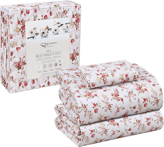 RUVANTI 100% Cotton Twin Sheets Set, 3 Pieces, Soft & Breathable Percale Weave Bedding, Deep Pocket 16", Hotel Standard, Crisp Cool Feel, Durable, Perfect Floral Bed Sheet, Bouquet