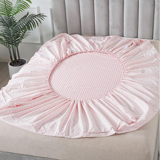 FADFAY Pink Plaid King Size Sheets 100% Cotton Geometric Checker Bedding Teens Grid White Gingham Pattern College Bedding Deep Pocket Sheets with 2 Pillowcases Ultra Soft 4pcs, King Size