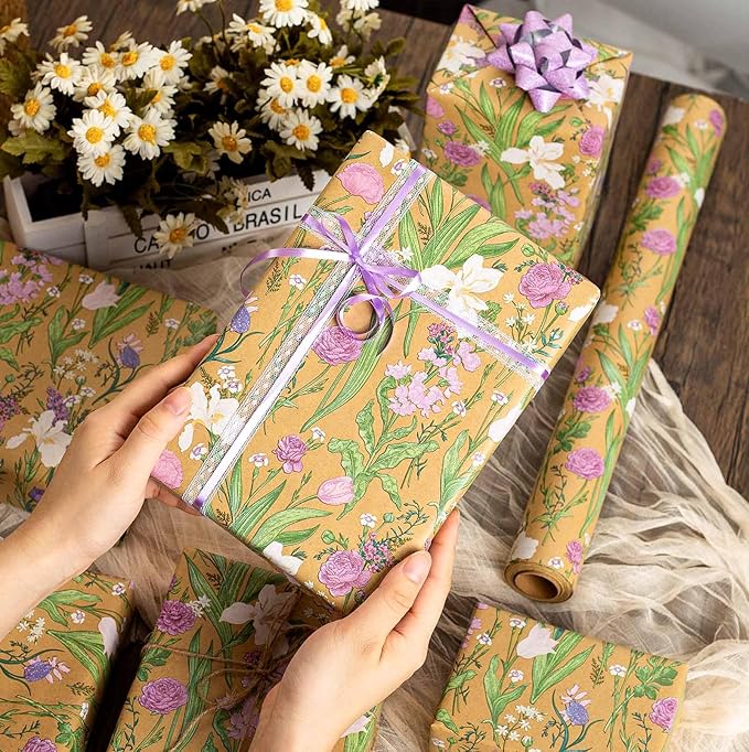 MAYPLUSS Kraft Floral Wrapping Paper Roll - 17Inch x 33Feet - Colorful Watercolor Boho Forest and Garden Flower Gift Wrap Green Wedding Gift Wrap for Birthday, Mothers Day, Bridal Shower, Engagement