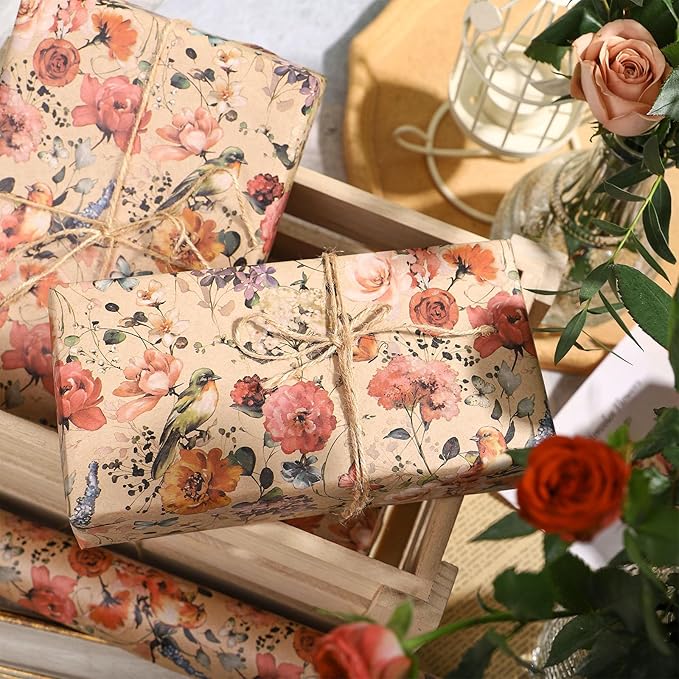 RUSPEPA Floral Wrapping Paper Bouquet for Women, 17 in x 16.4 ft, Mini Roll, Blooming with Bird and Butterfly Design, Kraft Wrapping Paper Roll for Spring, Birthday and Baby Shower