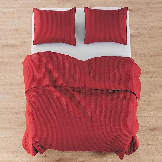 Levtex Home Cross Stitch Reversible Full Bedspread Set (100x104in) with 2 Pillow Shams (26x20in) - Stitch Texture - Chile Red - Cotton Full Size Bedspread Set - Lightweight, Soft, Pre-Washed