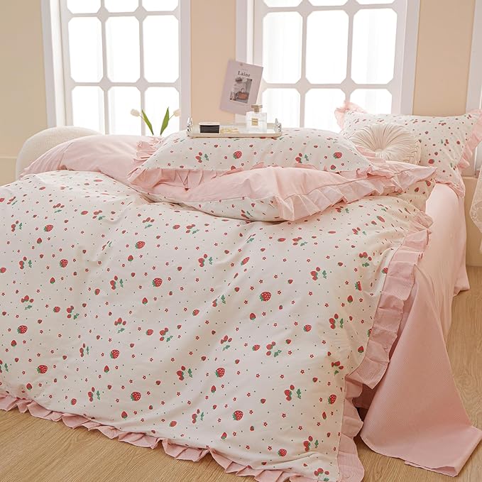 HighBuy Queen Comforter Set Strawberry Print Bedding Comforter Ruffled Lace Bedding Set Fluffy Fruit Comforters Pink Stripes Comforter Sets,1 Soft Romantic Ruffle Comforter with 2 Pillowcases