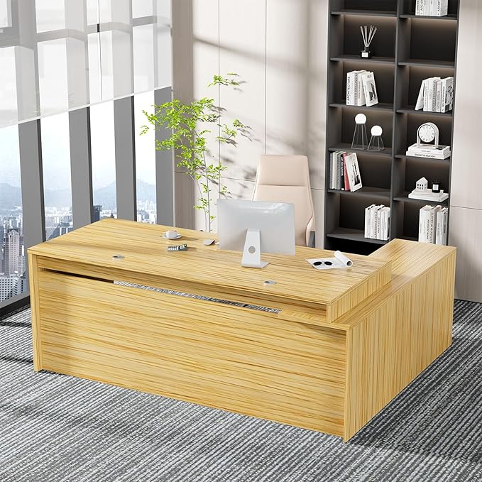 Modern L-Shaped Executive Desk，Office Desk with Spacious Desktop,Large Storage, Wood Construction,Cable Management for Home and Office (Light Walnut/Left Cabinet, 78.7" L*31.5" W*29.5" H)