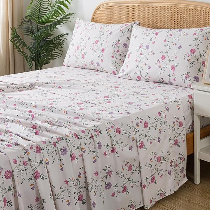 Zusbest- Queen Sheets, Soft 100% Cotton Pink & Off White Floral Bed Sheets,Shabby Vintage Chic Purple Flower Printed Sheets,Breathable Home Decor, Garden Style 4 Piece Deep Pocket Sheets（Rosy）