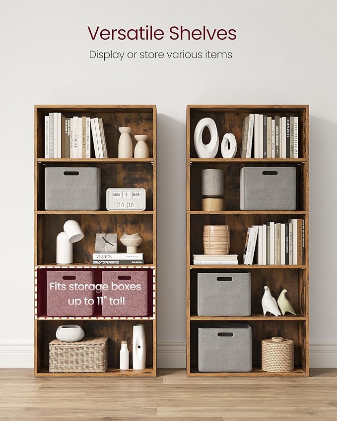 VASAGLE Set of 2 Bookshelves, 23.6 Inches Wide, 5-Tier Open Bookcases with Adjustable Storage Shelves, Floor Standing Units, Rustic Brown ULBC165X01-2