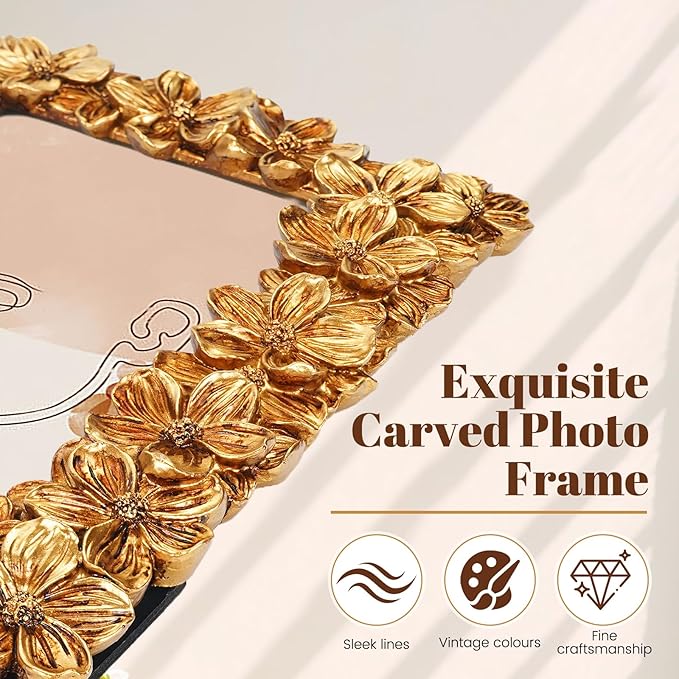 Gold Picture Frames 5x7, Floral Vintage Carved Textured Hand-Crafted Photo Frame with Glass Front, Ornate Resin Picture Frame for Horizontal or Vertical Display, Retro Carving Flower Photo Frames Photo Gallery Art