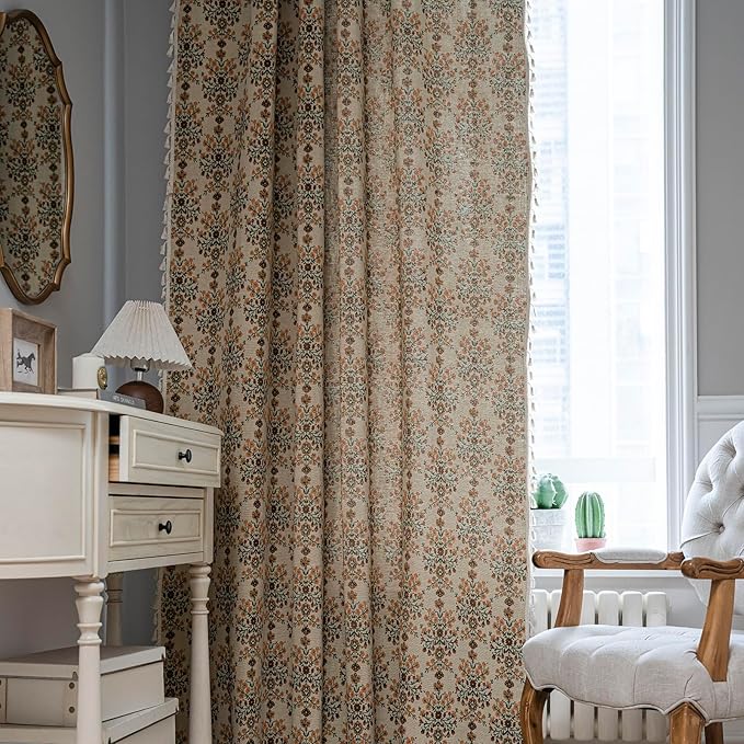 Floral Curtains 63 Inch Length 2 Panels Vintage Flower Patterned Drapes Boho Short Semi Sheer Tassel Rustic Country Rod Pocket Botanical Farmhouse Window Curtain Panels for Bedroom Living Room