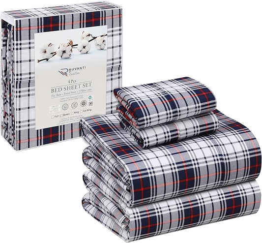 RUVANTI 100% Cotton King Size Sheets Set, 4 Pieces, Soft & Breathable Percale Weave Bedding, Deep Pocket 16", Hotel Standard, Crisp Cool Feel, Durable, Perfect Floral Bed Sheet, Prussian