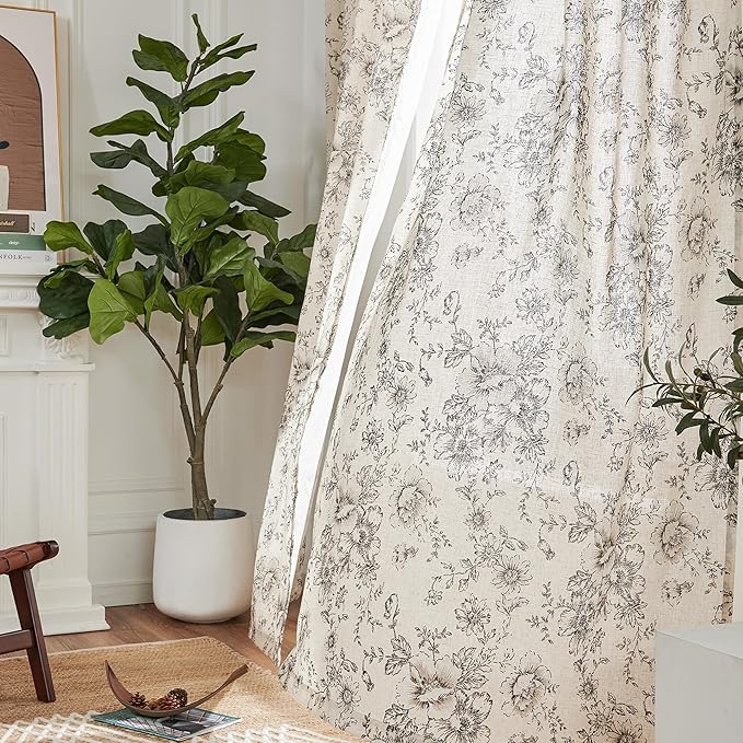 jinchan Pinch Pleated Curtains Floral Linen Blend Curtains for Living Room 90 Inches Length Black Peony Flower Printed Curtain Rod Pocket Back Tab Farmhouse Pinch Pleat Drapes with Hooks Set 2 Panels