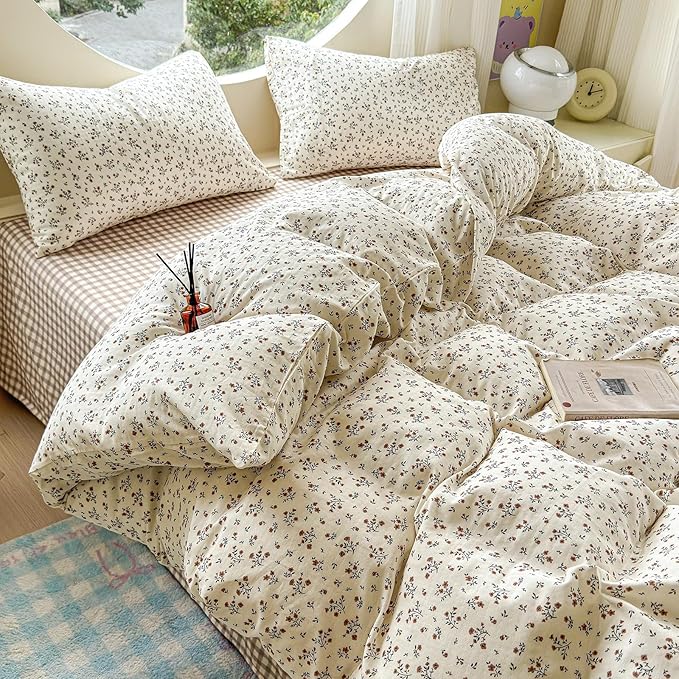 EAVD Garden Style Small Floral Duvet Cover Queen Size Soft 100% Cotton Muslin Bedding Set with Floral Print Fresh Cottagecore Botanical Pattern Duvet Cover with Zipper Closure