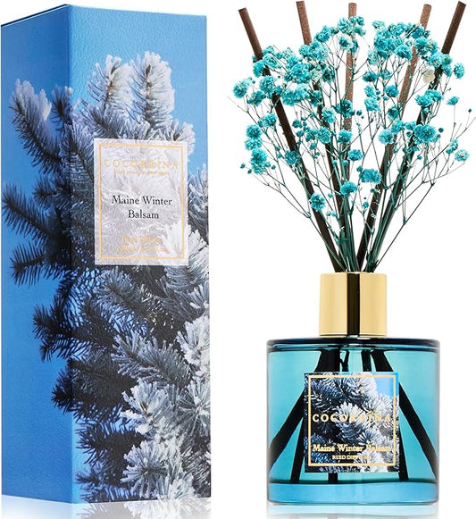 COCORRÍNA Reed Diffuser - Maine Winter Balsam Reed Diffuser Set with 8 Sticks & Preserved Baby's Breath, Reed Diffuser for Home Bathroom Shelf Decor