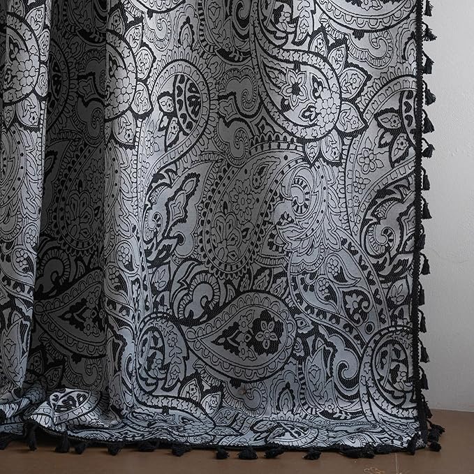 ENJOYBRIDAL Black Paisley 84 Inch Curtains for Bedroom Semi Sheer Drapes Light Filtering Living Room Rod Pocket Floor Length Window Curtains 2 Panel Sets Farmhouse Printed Jacquard Window Treatments