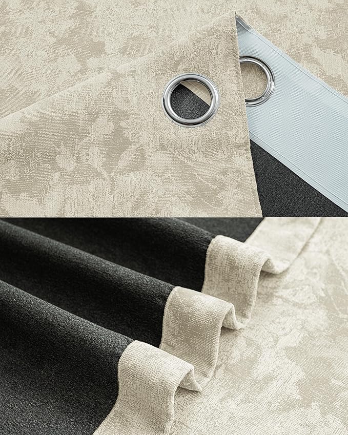 Chenille Floral Blackout Curtains 84 Inch Length 2 Panels Set - Bedroom Living Room Darkening Thermal Insulated Black Out Window Treatments Grommet Jacquard Drapes 52 Inch Wide Beige