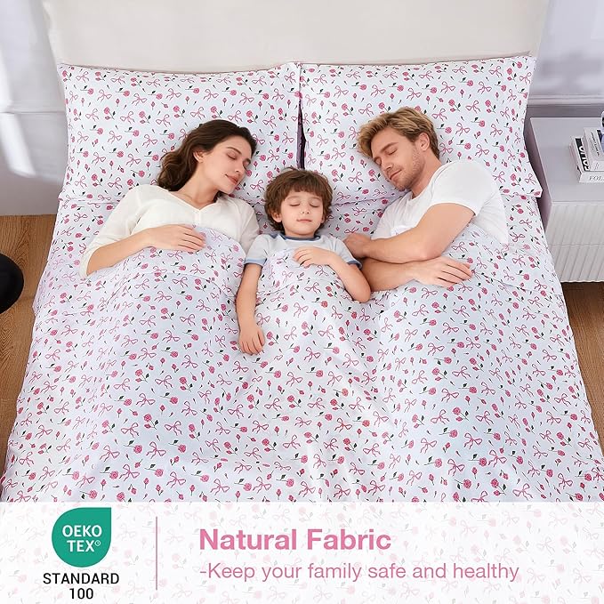 Softan Pink Floral Twin Bed Sheets, Cozy Microfiber Flower Printed Sheets with 15" Deep Pocket Fitted Sheet & Non-Slip Straps, Patterned Pink Rose - Bow Sheets & Pillowcase Set