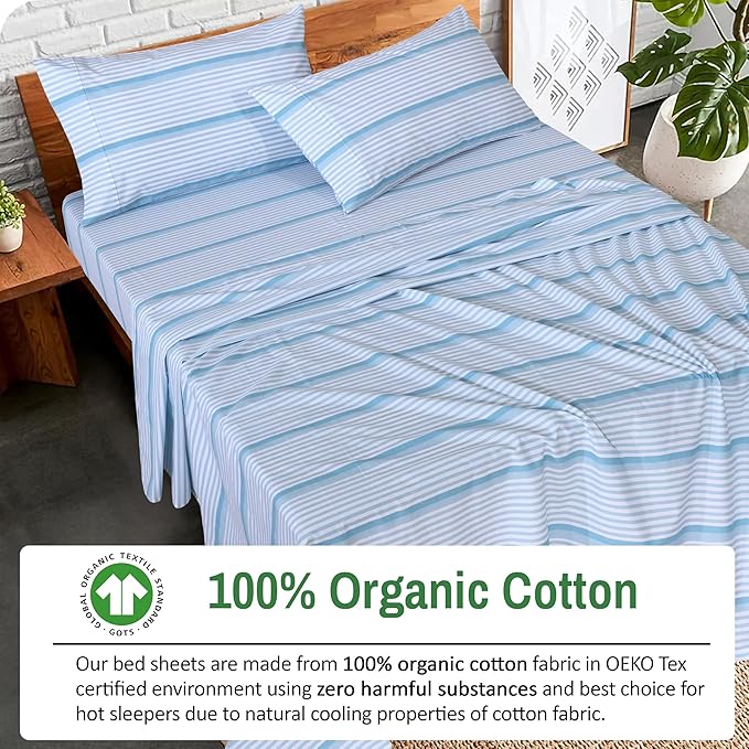 RUVANTI 100% Organic Cotton Sheets Full Size, Percale Weave, GOTS Certified, 4-Piece Set, Deep Pocket 15", Crisp & Breathable, Soft Durable Bedding, Sábanas Algodón Orgánico – Nautical Stripes