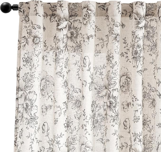jinchan Linen Blend Curtain Floral Curtains for Living Room 108 Inch Length Black Printed Curtain Rod Pocket Back Tab Farmhouse Peony Flower Patterned Drapes Bedroom Window Curtains Set 2 Panels