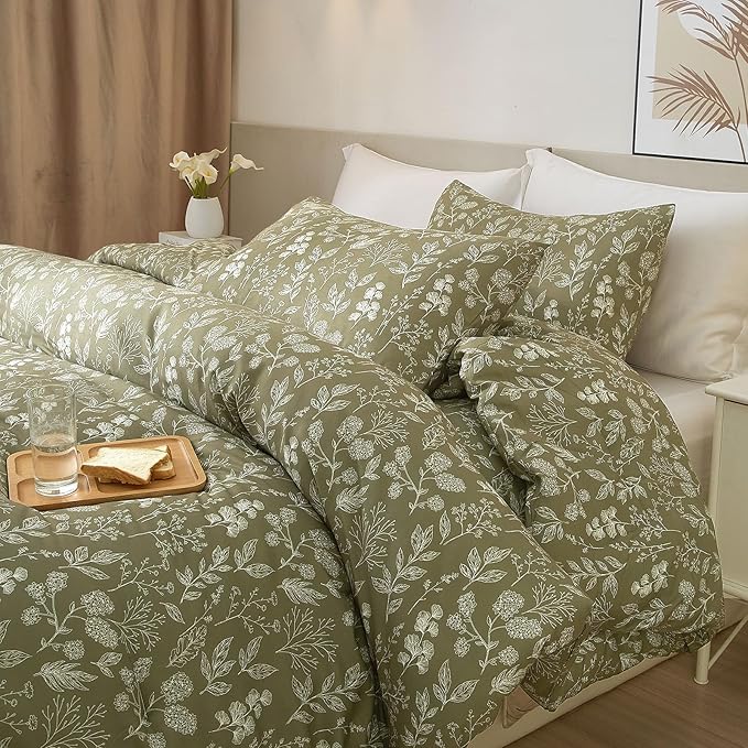 EAVD Vintage Style Garden Olive Green Floral Duvet Cover Queen Soft Cotton Chic Small Floral Bedding Set with 2 Pillowcases Reversible Fresh Botanical Duvet Cover with Zipper Closure
