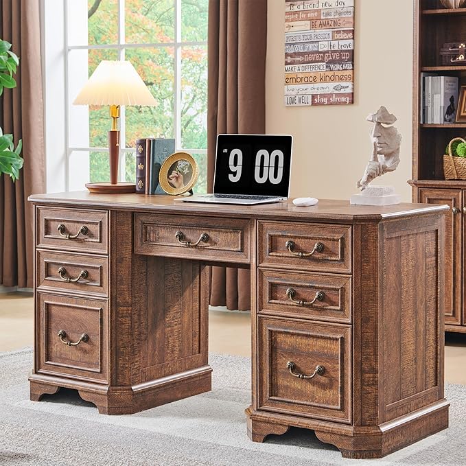 T4TREAM 59" Farmhouse Executive Desk with Drawers,Wood Home Office Computer Desk, Featuring Keyboard Tray,Charging Station,File Drawer, Storage Cabinet,for Work and Study (Reclaimed Barnwood)