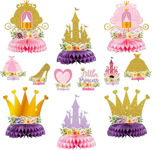 12Pcs Floral Princess Party Honeycomb Centerpieces Princess Theme Party Decorations Supplies Pink and Gold Castle Crown Carriage Baby Shower Birthday Table Toppers for Girls