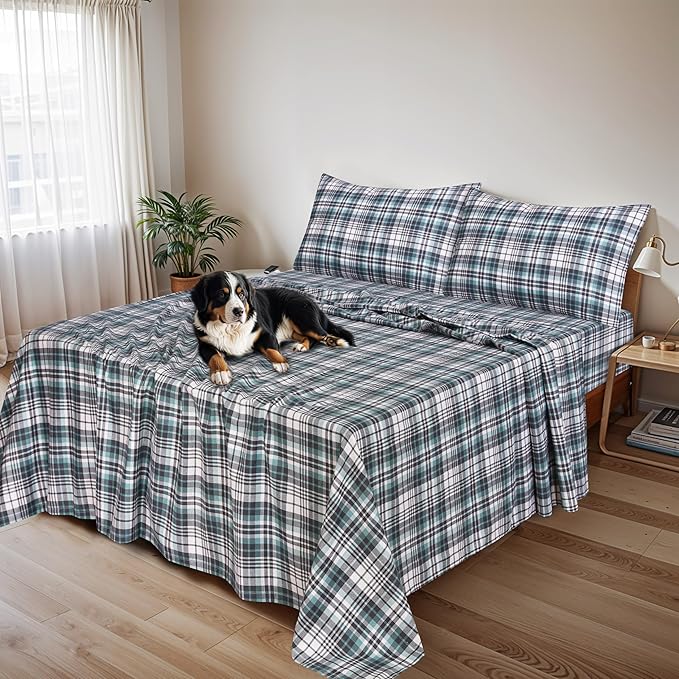 RUVANTI Flannel Sheets King Size - 100% Cotton Brushed King Size Sheets Set - Deep Pockets 16 Inches Bed Sheets - All Seasons Breathable & Extra Soft - Warm & Cozy, 4 Piece, Mint Grey