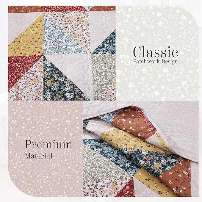 Quilt Set Twin Size, Patchwork Burnt Orange Floral Quilt Sets, Reversible Bedspread Lightweight and Breathable for All Seasons, Soft Quilted Bedspread with 1 Pillow Sham