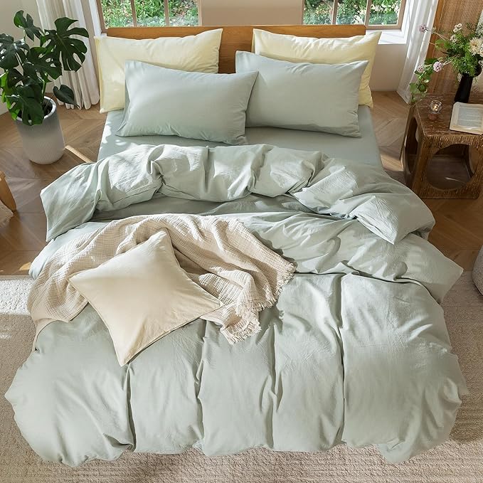 MooMee Bedding Duvet Cover Set 100% Washed Cotton Linen Like Textured Breathable Durable Soft Comfy (Heathered Sage Green, Full 80"x90")